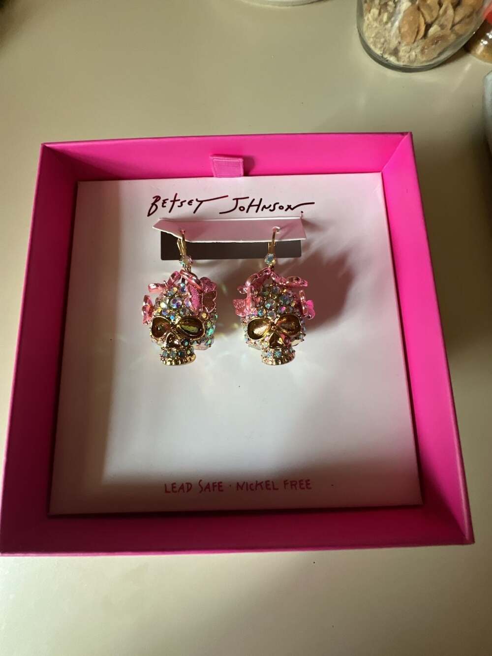 Betsey Johnson Pink Rhinestone Crystal Sugar Skull and Flower Lever Back Earring